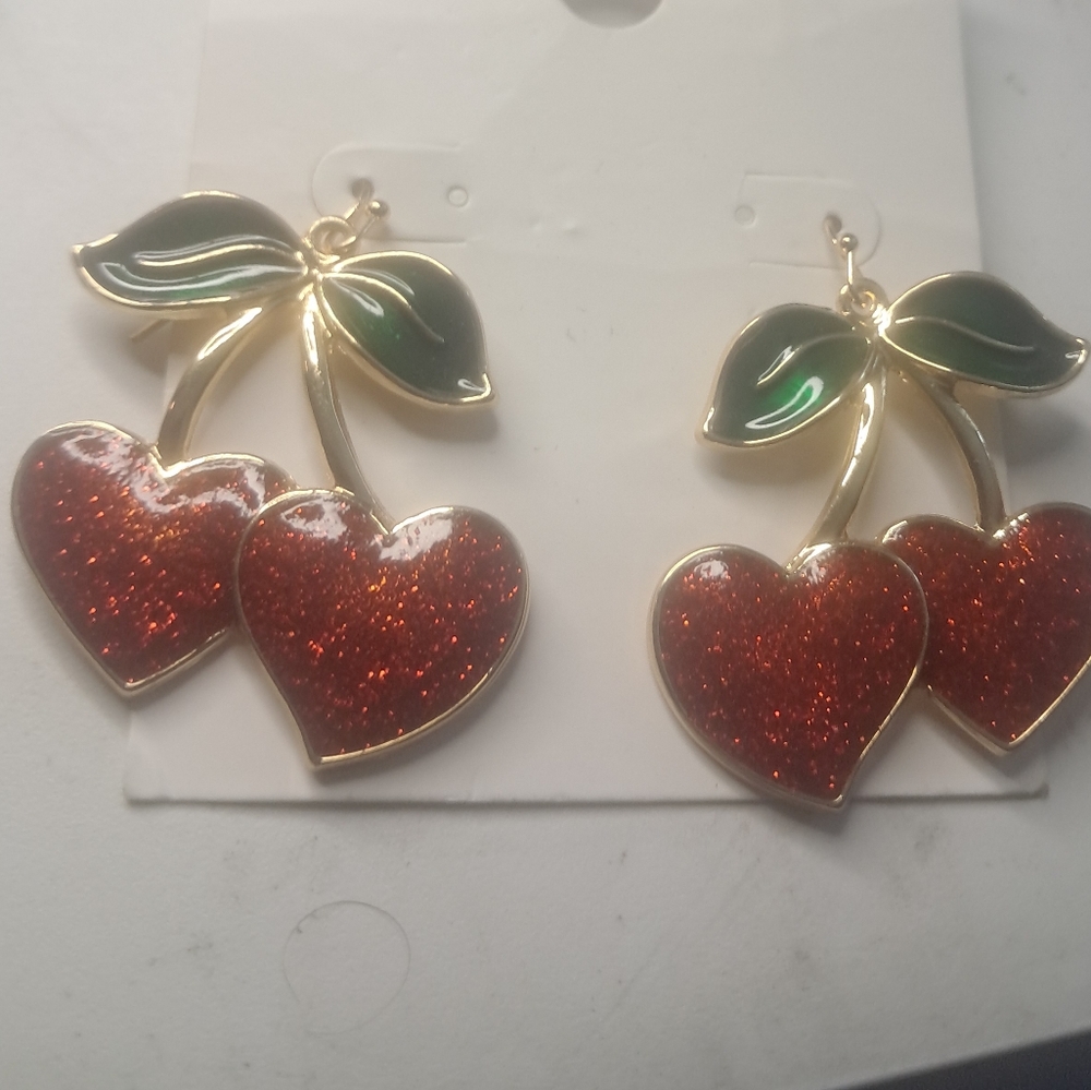 Sparkling Red Heart Cherry Earrings